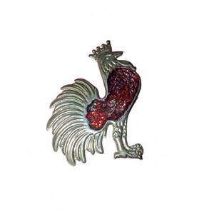 Vintage Rooster Metal Pin Brooch with Red Glitter Detail